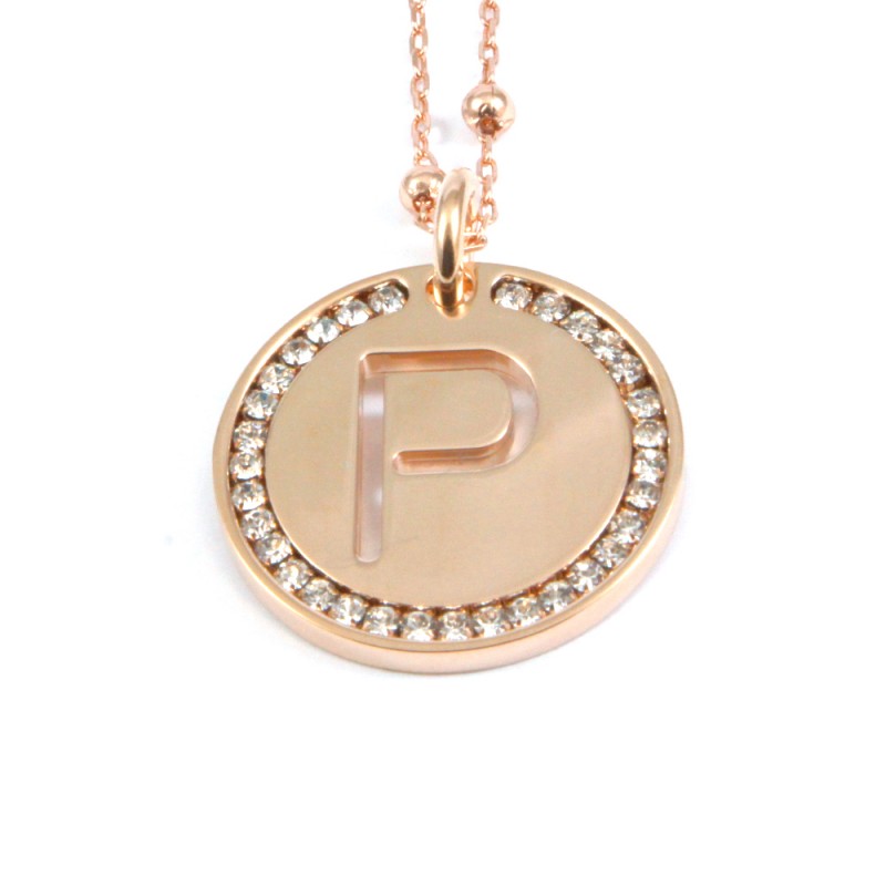Collana con ciondolo lettera p in bronzo oro rosa