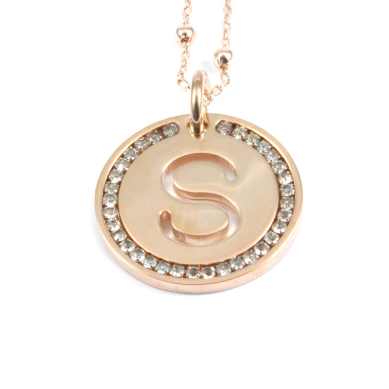Collana con ciondolo lettera s in bronzo oro rosa