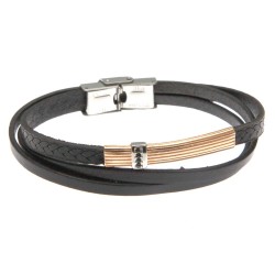 bracciale uomo in pelle con piastra in acciaio e zirconi neri