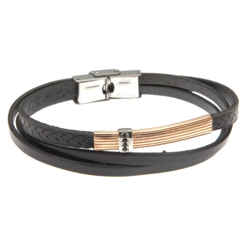 bracciale uomo in pelle con piastra in acciaio e zirconi neri