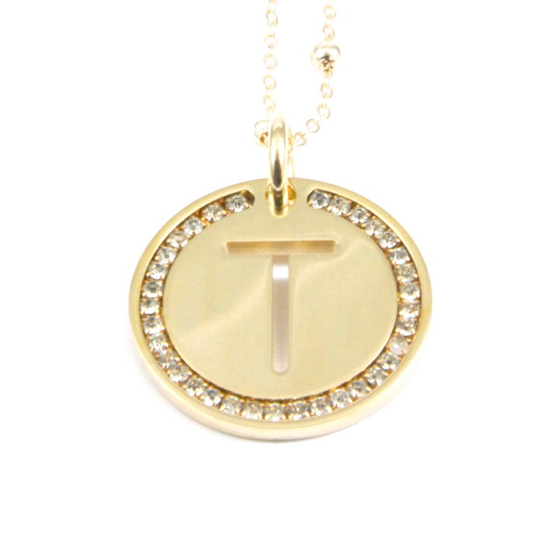 Collana con ciondolo lettera t in bronzo oro giallo