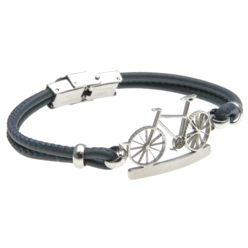 bracciale uomo con bicicletta in acciaio e pelle blu