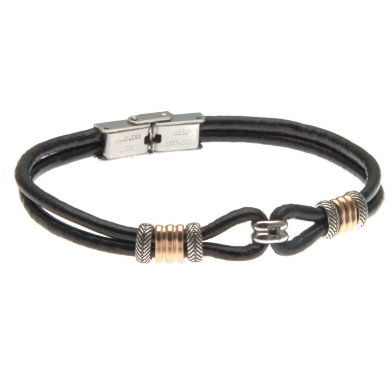 bracciale uomo in pelle con elementi in acciaio e zircone nero