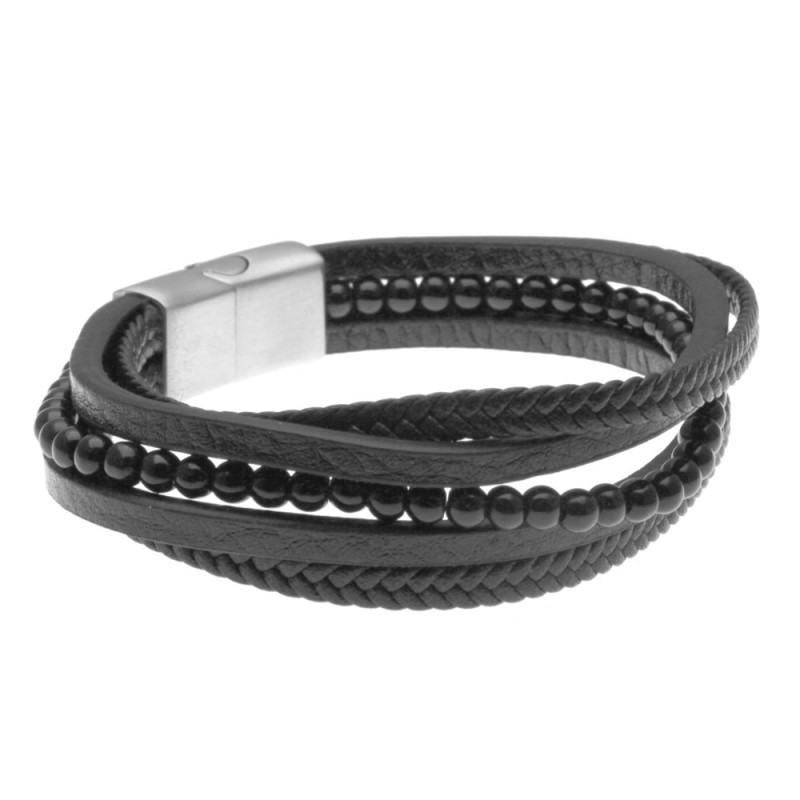bracciale uom in pelle e filo di pietre
