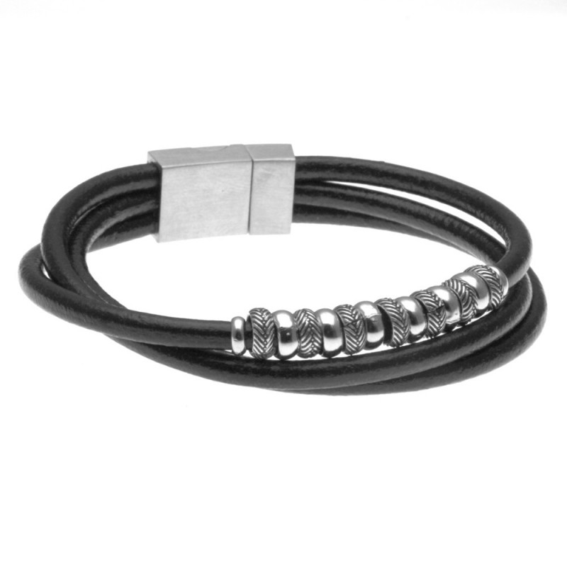 bracciale uomo in pelle tubolare elementi in acciaio