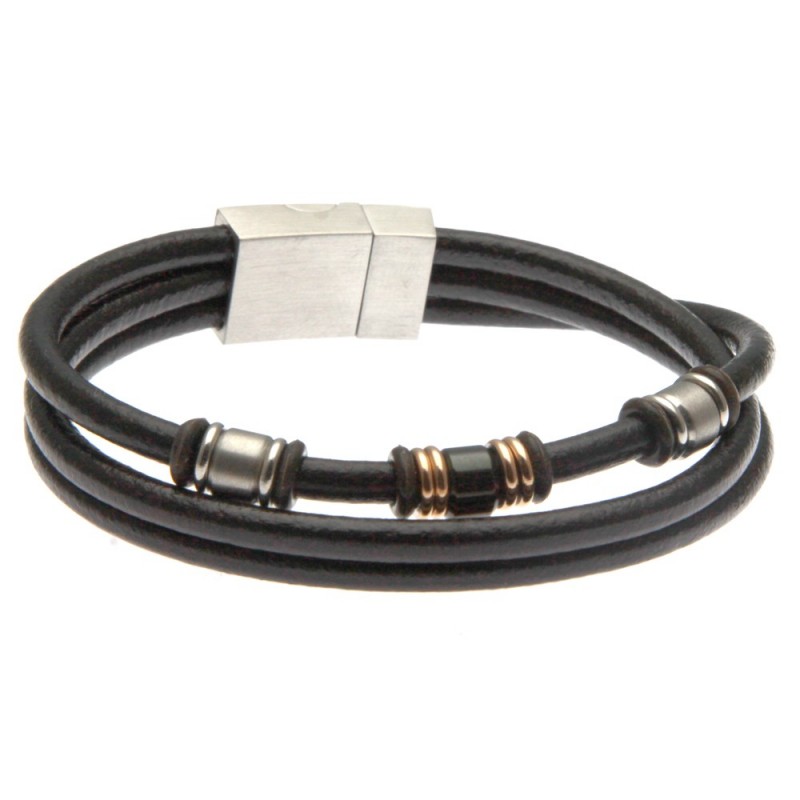 bracciale uomo in pelle tubolare ed elementi in acciaio