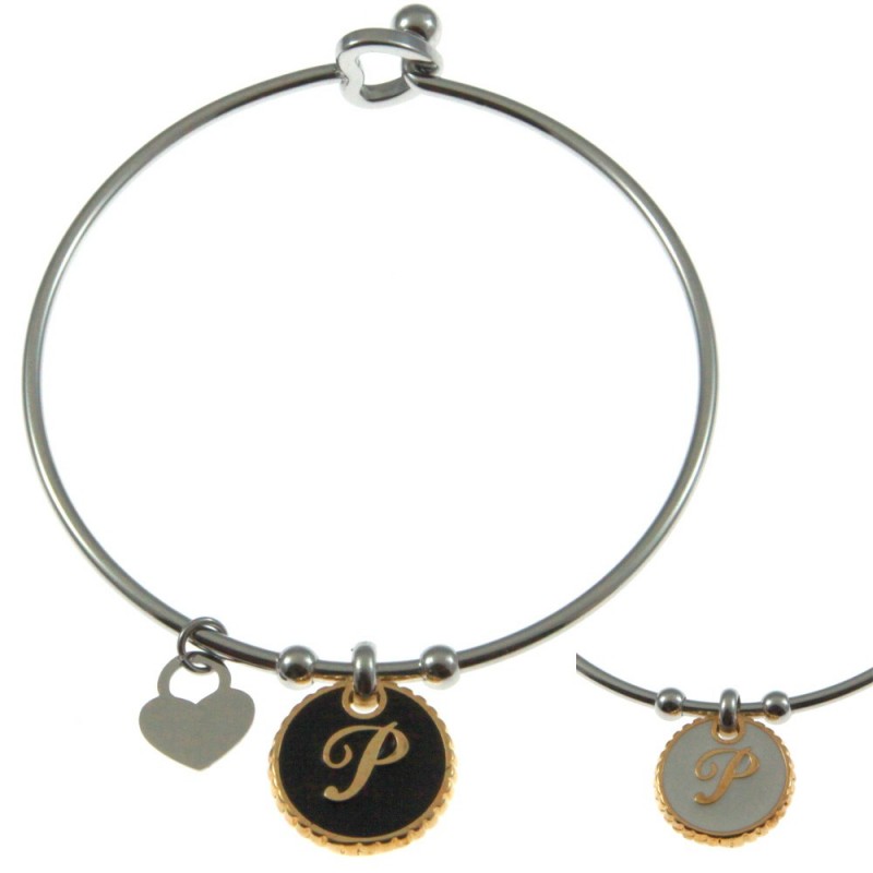 bracciale con lettera p rigido in acciaio bronzo e smalto