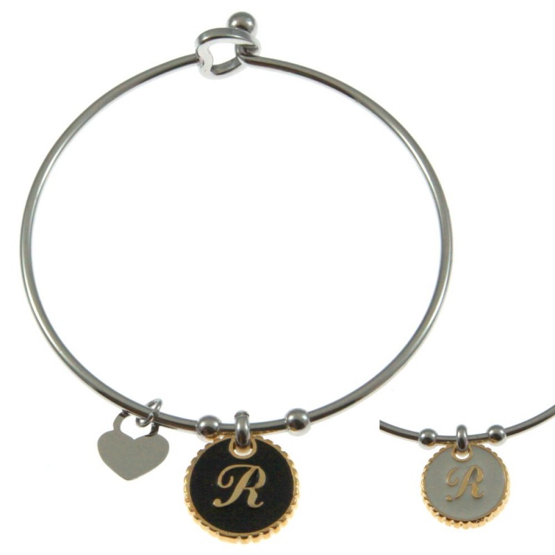 bracciale con lettera r rigido in acciaio bronzo e smalto