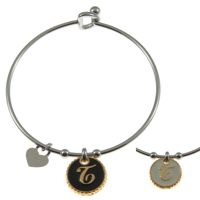 bracciale con lettera t rigido in acciaio bronzo e smalto