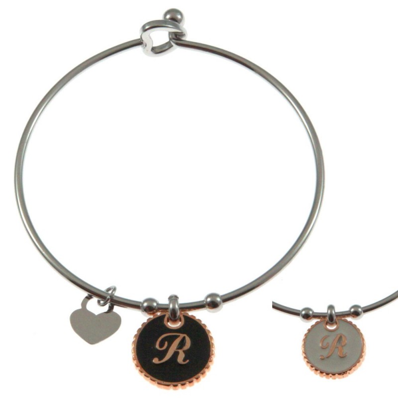 bracciale con lettera r rigido in acciaio bronzo e smalto