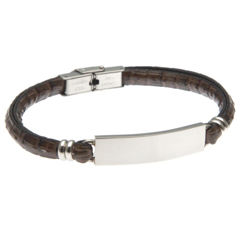bracciale uomo in pelle con piastra in acciaio per incisione