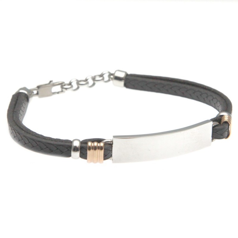 bracciale uomo in pelle con piastra in acciaio per incisioni