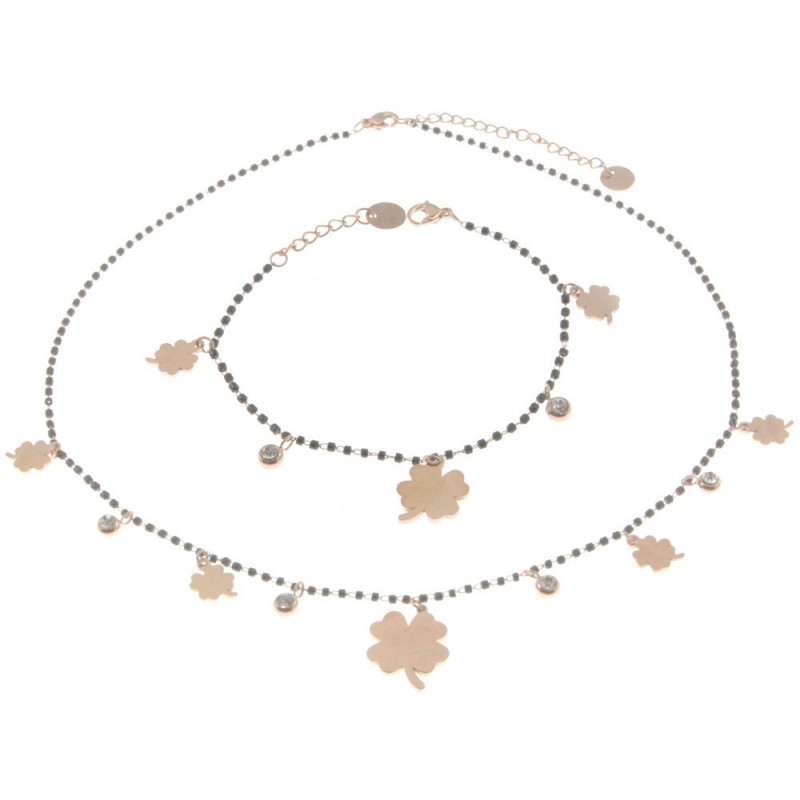 Parure donna collana bracciale con quadrifogli