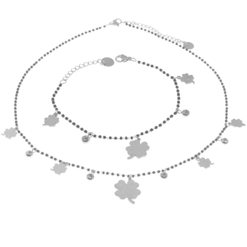 Parure donna collana bracciale con quadrifogli