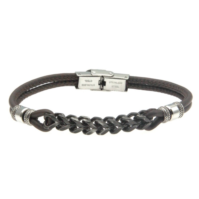 bracciale uomo in pelle e catena grumetta