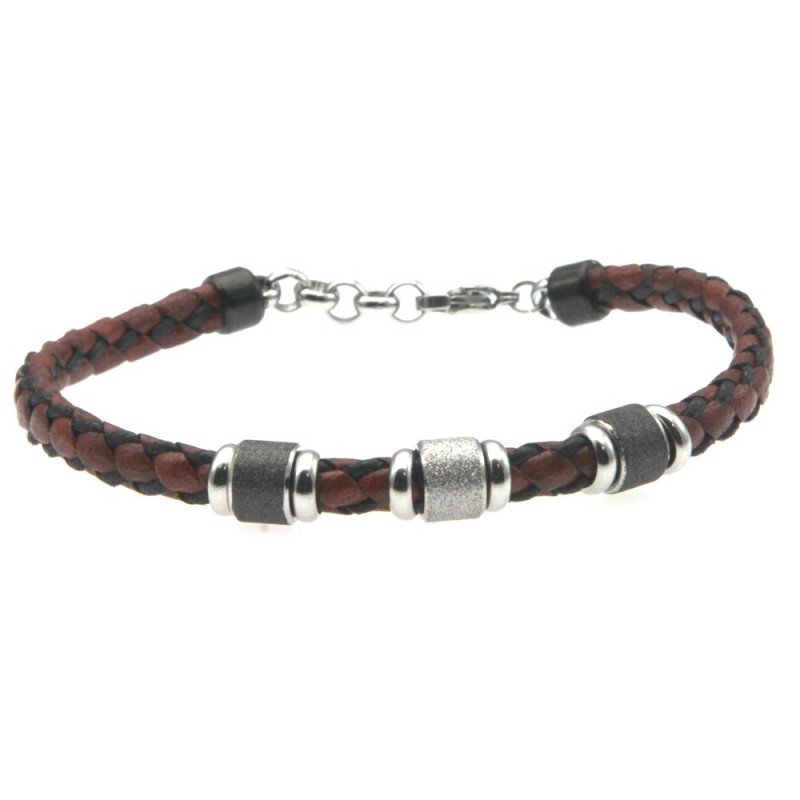 bracciale uomo in pelle e inserti acciaio