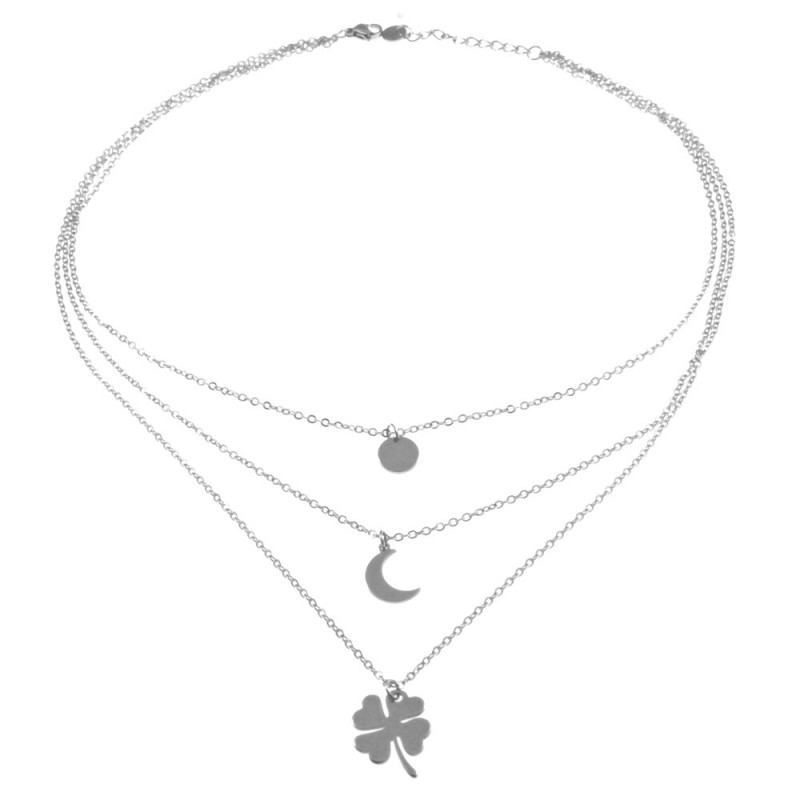 collana donna con quadrifoglio e luna multifili in acciaio
