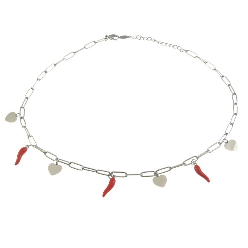 collana donna con corni rossi e cuori in acciaio