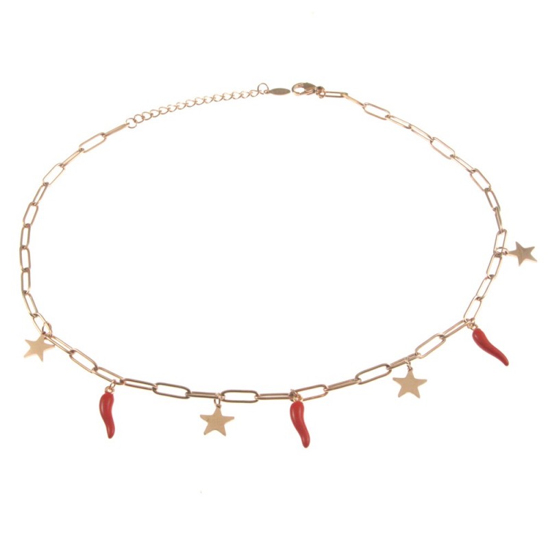 collana donna con corni rossi e stelline in acciaio ramato