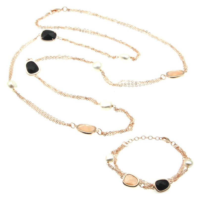 parure donna collana e bracciale in bronzo perle e cristalli