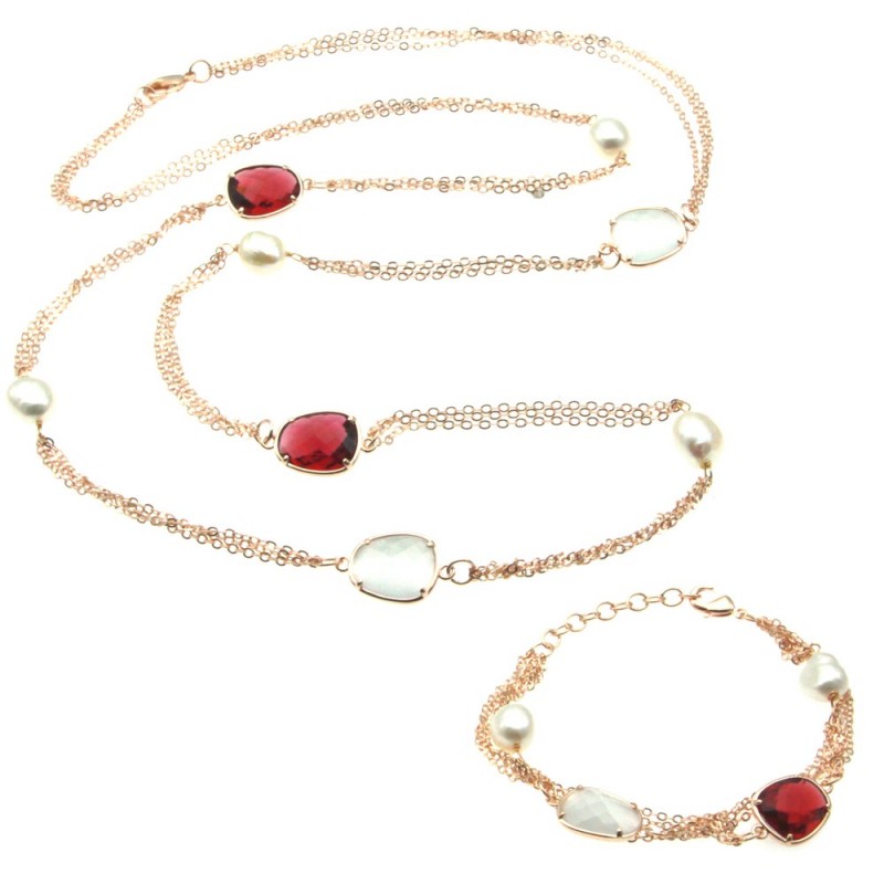 parure donna collana e bracciale in bronzo perle e cristalli
