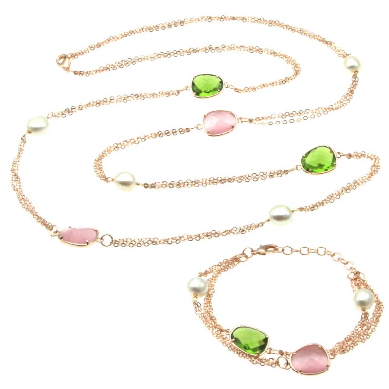 parure donna collana e bracciale in bronzo perle e cristalli