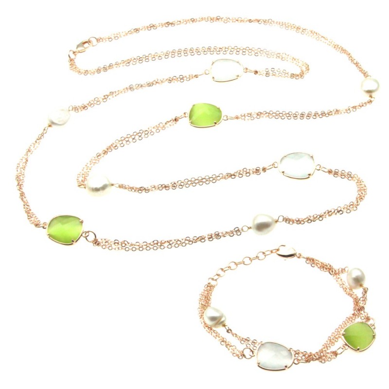 parure donna collana e bracciale in bronzo perle e cristalli