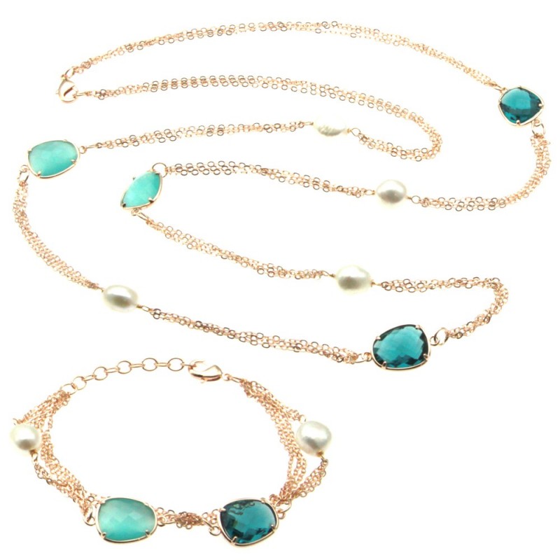 parure donna collana e bracciale in bronzo perle e cristalli