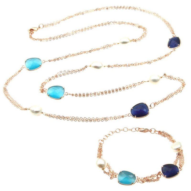 parure donna collana e bracciale in bronzo perle e cristalli