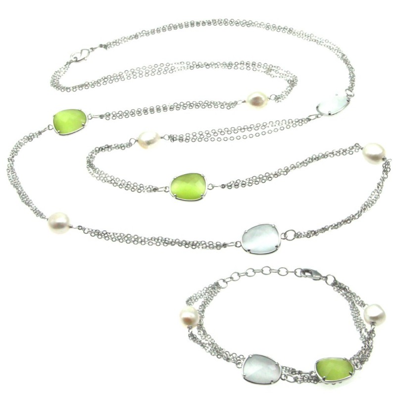 parure donna collana e bracciale in bronzo perle e cristalli