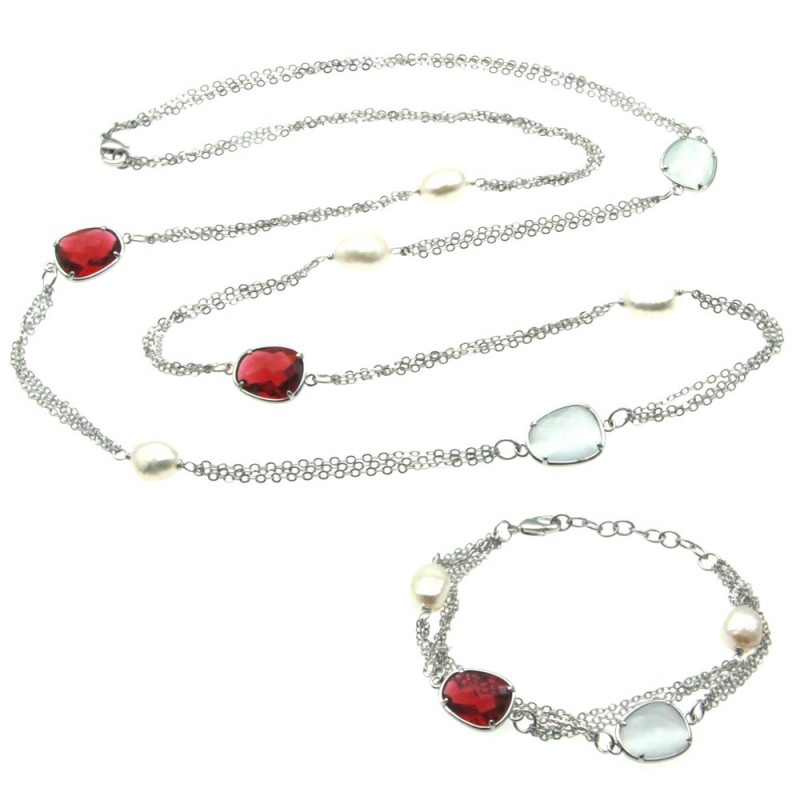 parure donna collana e bracciale in bronzo perle e cristalli