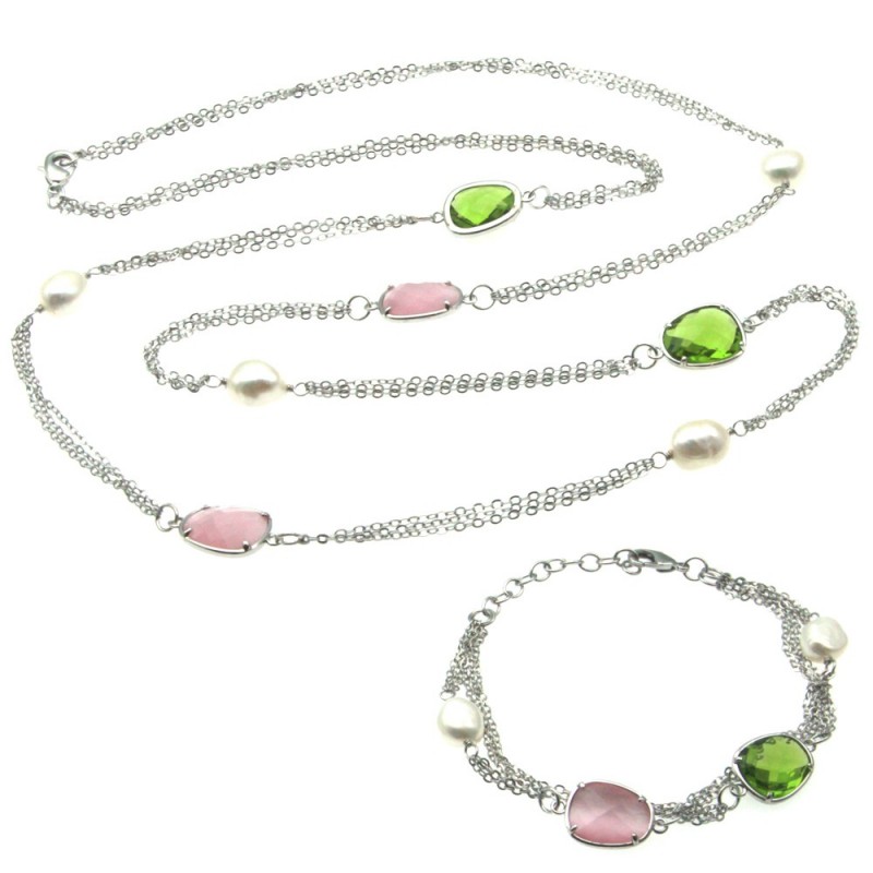 parure donna collana e bracciale in bronzo perle e cristalli