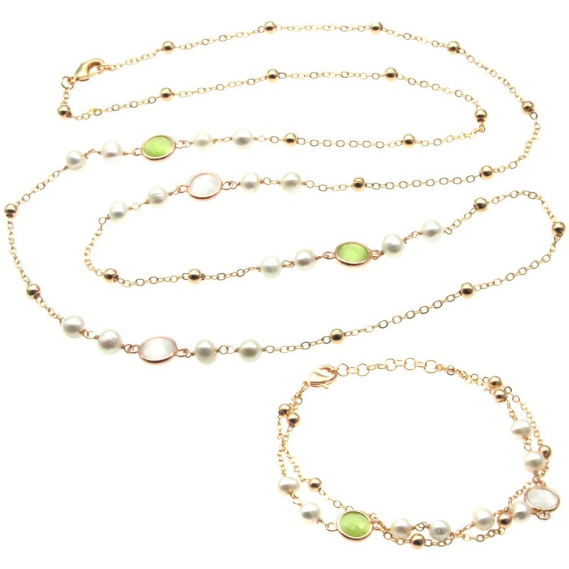 parure donna collana e bracciale in bronzo perle e cristalli