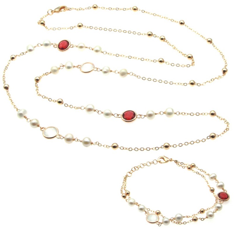 parure donna collana e bracciale in bronzo perle e cristalli