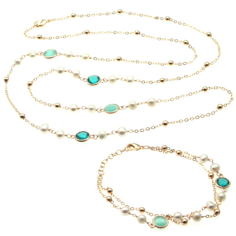 parure donna collana e bracciale in bronzo perle e cristalli