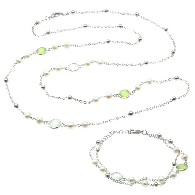 parure donna collana e bracciale in bronzo perle e cristalli