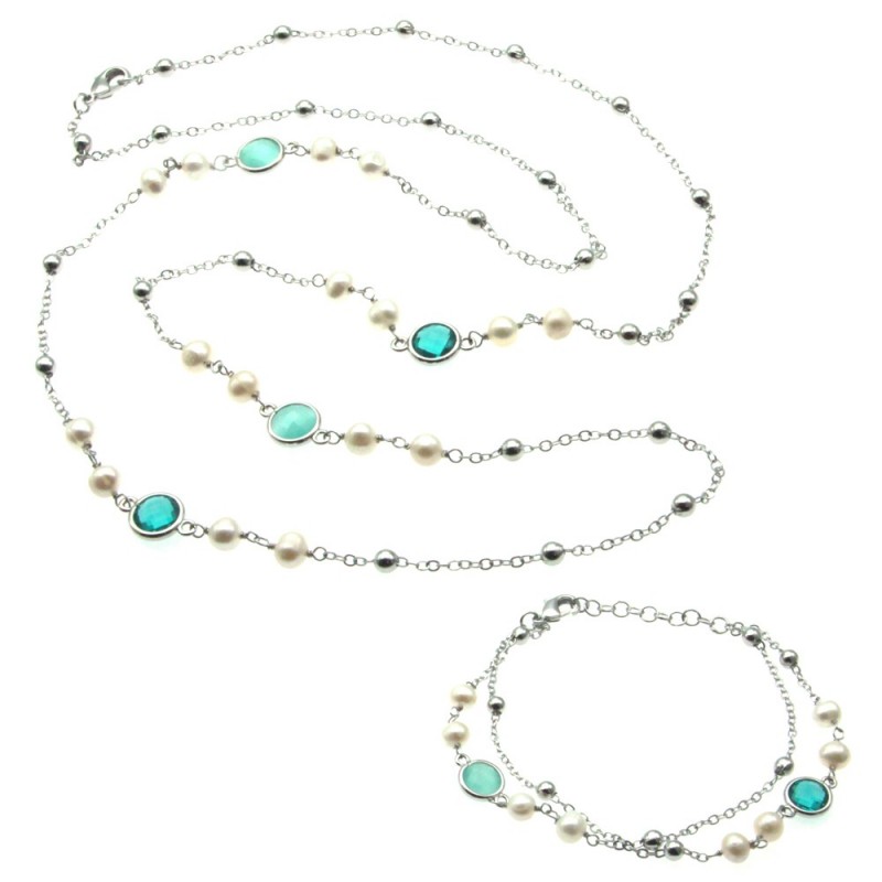 parure donna collana e bracciale in bronzo perle e cristalli