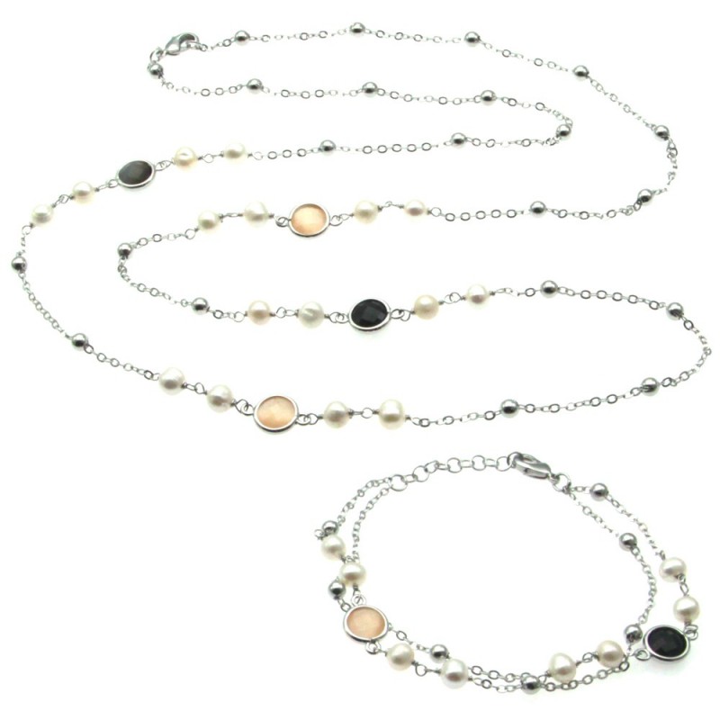 parure donna collana e bracciale in bronzo perle e cristalli