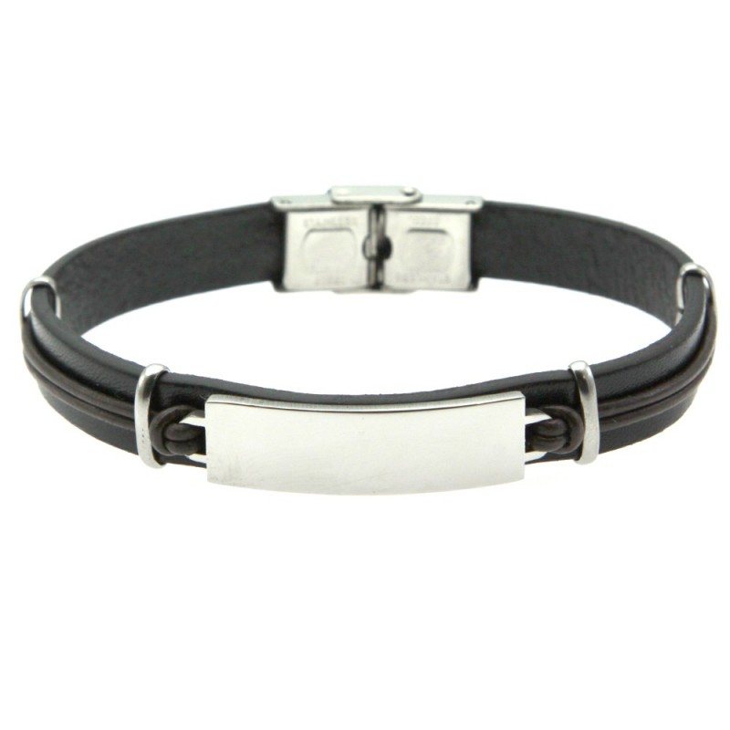 bracciale pelle uomo con piastra da incidere acciaio