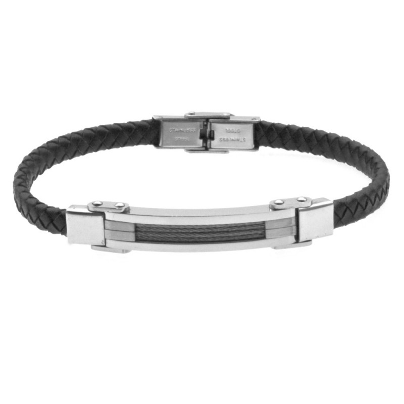 bracciale uomo acciaio e pelle con piastra