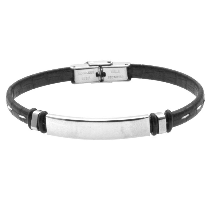 bracciale uomo pelle nera acciaio con piastra
