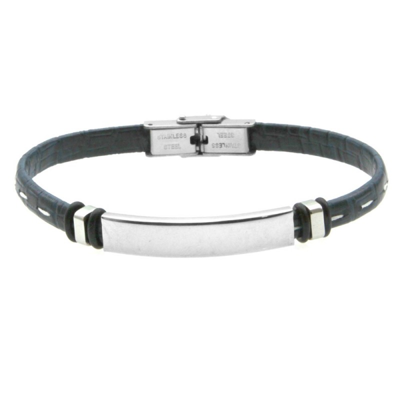 bracciale uomo pelle blu acciaio con piastra