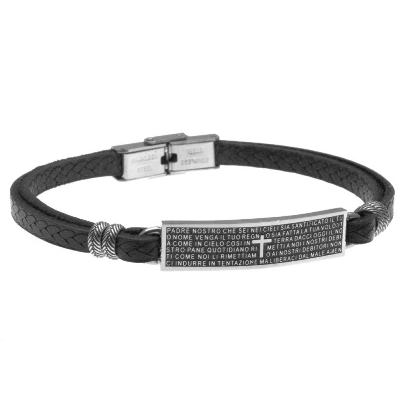 bracciale padre nostro in acciaio e pelle
