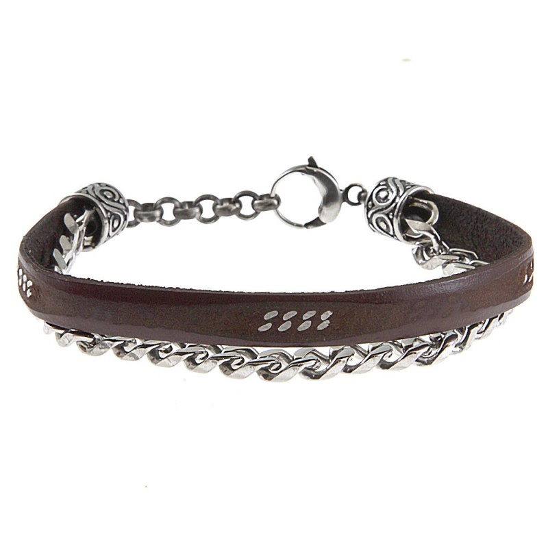 bracciale uomo pelle e catena acciaio