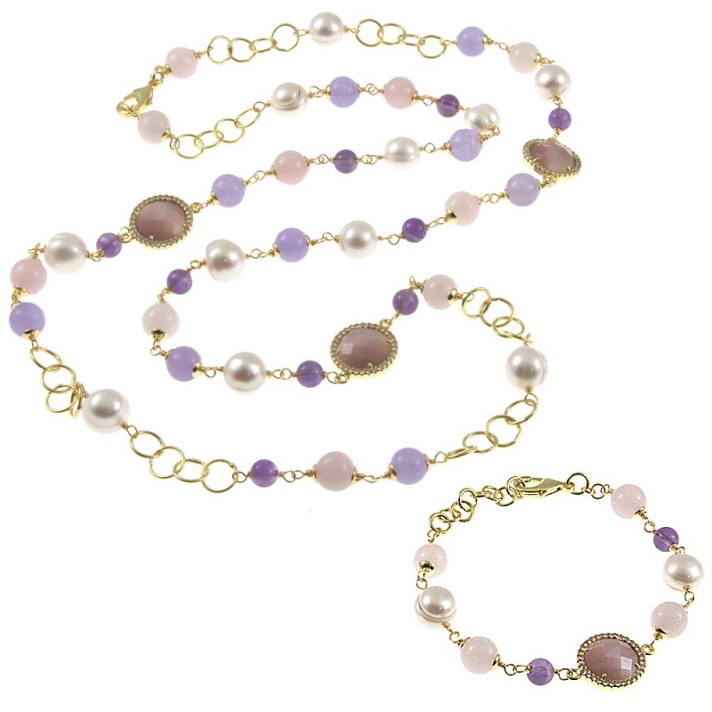 parure donna collana bracciale pietre e perle