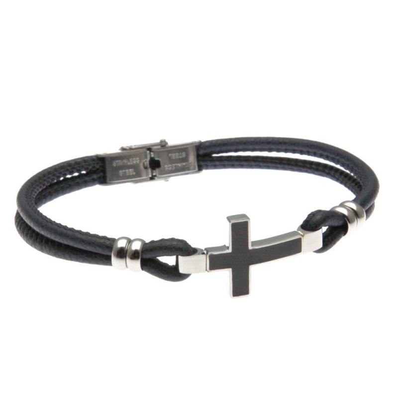 bracciale uomo croce in acciaio e pelle