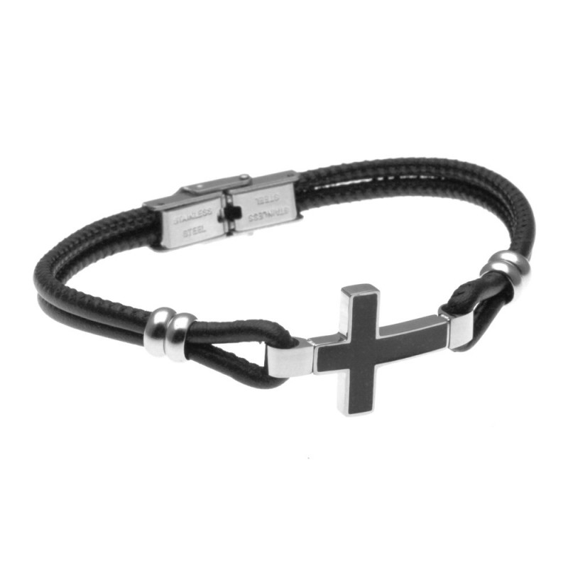 bracciale uomo croce in acciaio e pelle