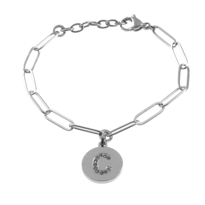 bracciale con iniziale lettera c acciaio e strass