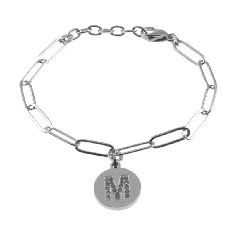 bracciale con iniziale lettera m acciaio e strass