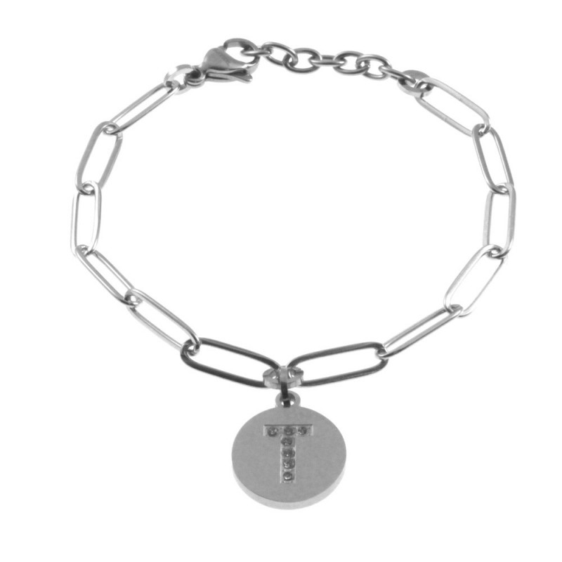 bracciale con iniziale lettera t acciaio e strass